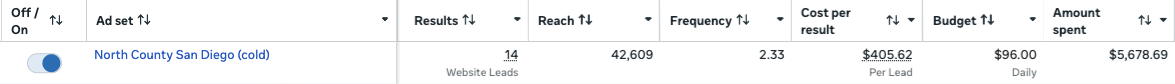 Meta Ads Manager screenshot showing 14 website leads, 42,609 reach, $405.62 per lead, $5,678.69 amount spent for Stonewell